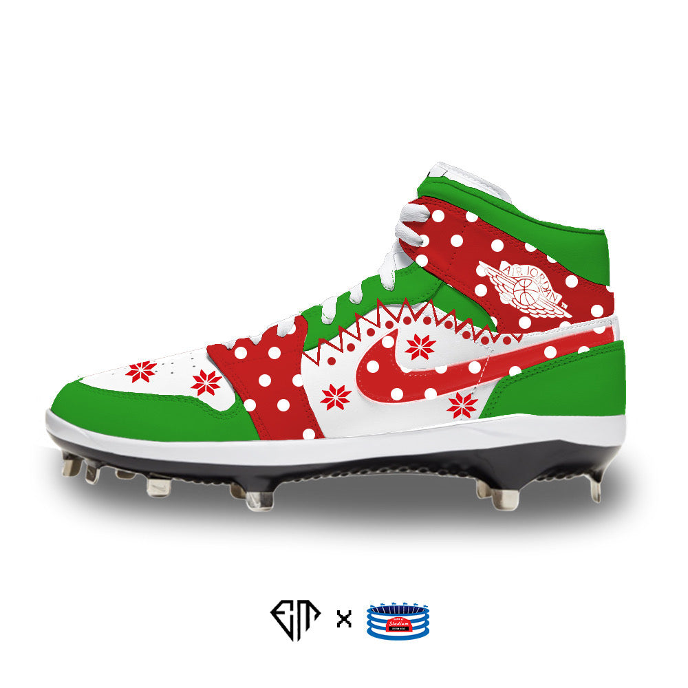 Christmas-themed baseball cleat from Christmas Sweater Jordan 1 Retro Cleats product line