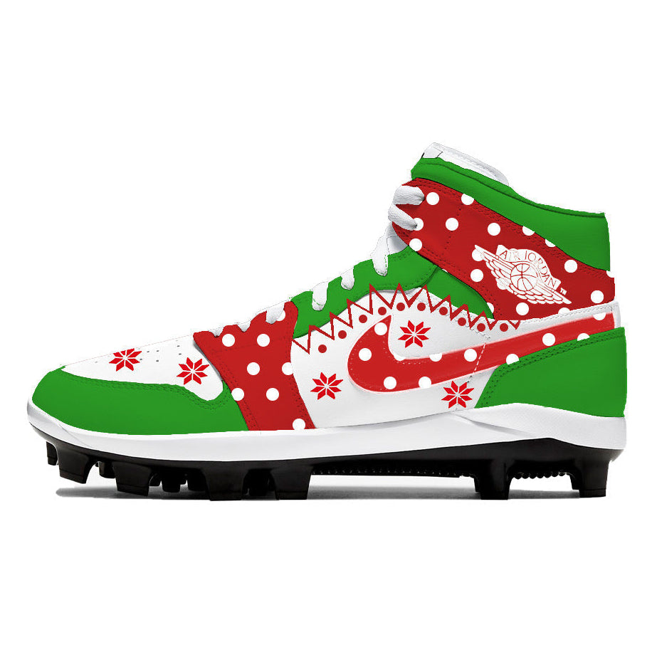 Christmas-themed athletic cleat from the Christmas Sweater Jordan 1 Retro Cleats collection