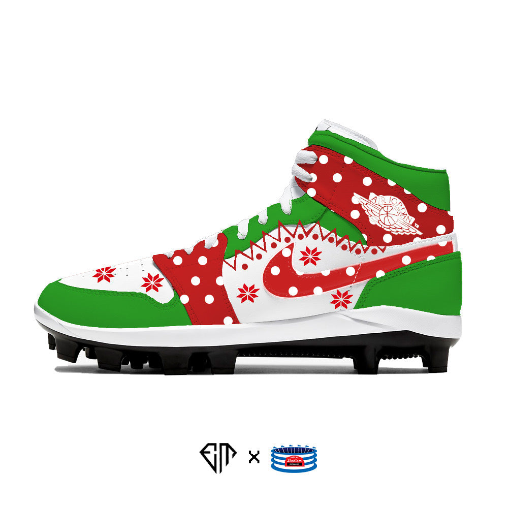 Christmas-themed athletic cleat from the Christmas Sweater Jordan 1 Retro Cleats collection