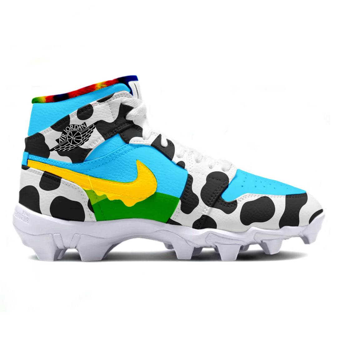 Colorful high-top sneakers with a cow print pattern on a white background