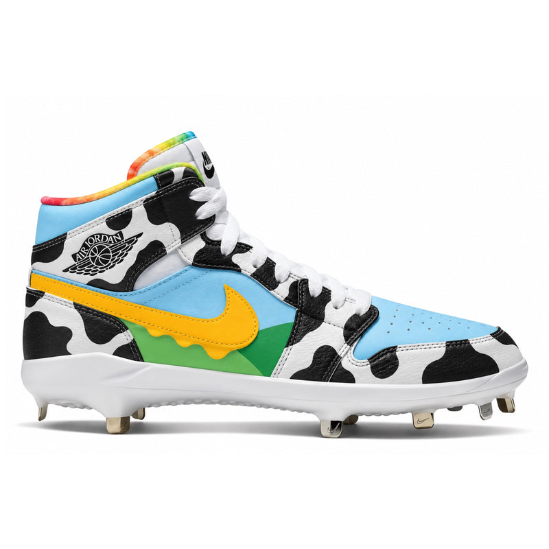 A high-top baseball cleat featuring a black and white cow print pattern, light blue overlays, a bright yellow drip Swoosh, a green heel accent, and rainbow-colored stitching around the collar, shown on a white background.