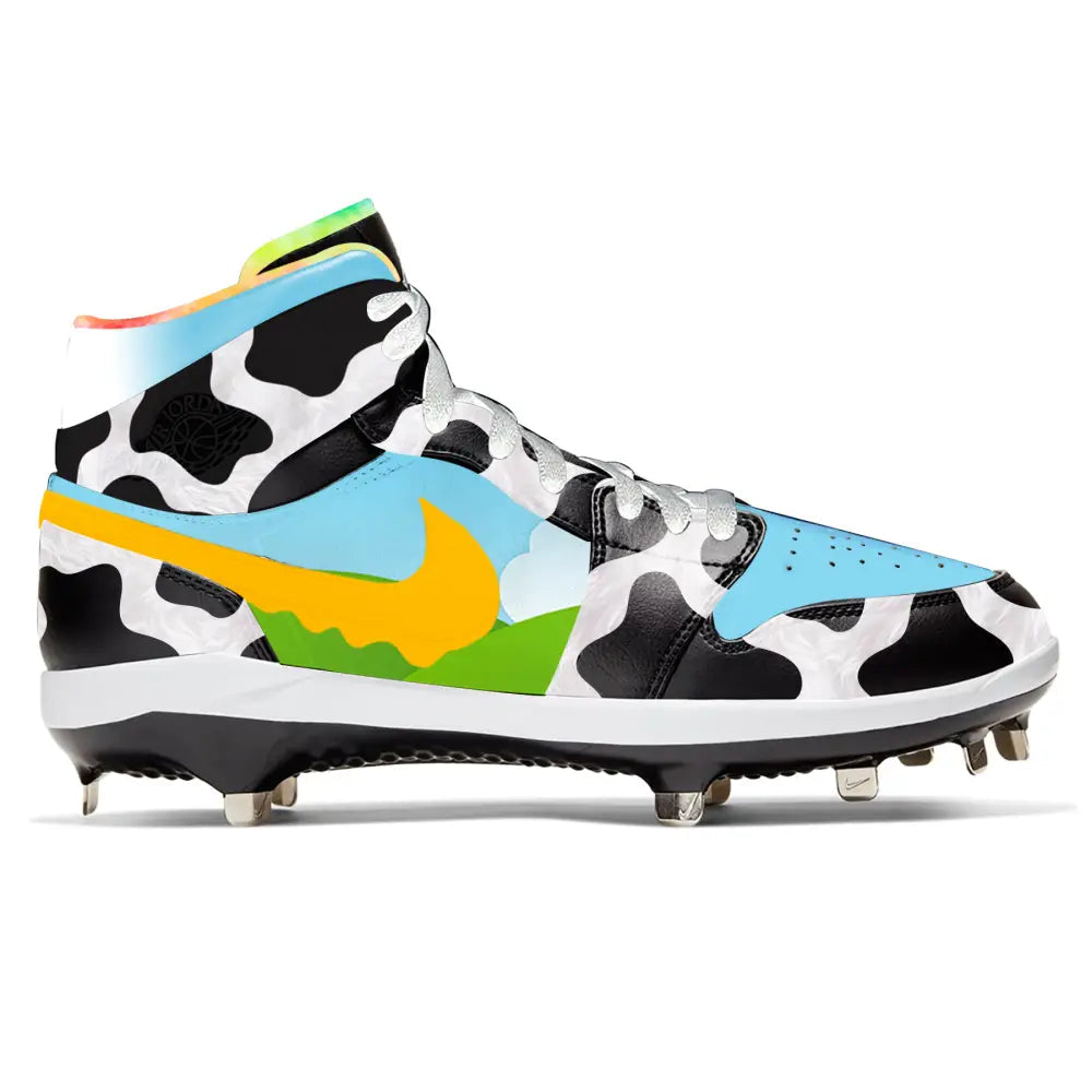 Cow-patterned baseball cleat from Chunky Dunky Jordan 1 Retro Cleats collection