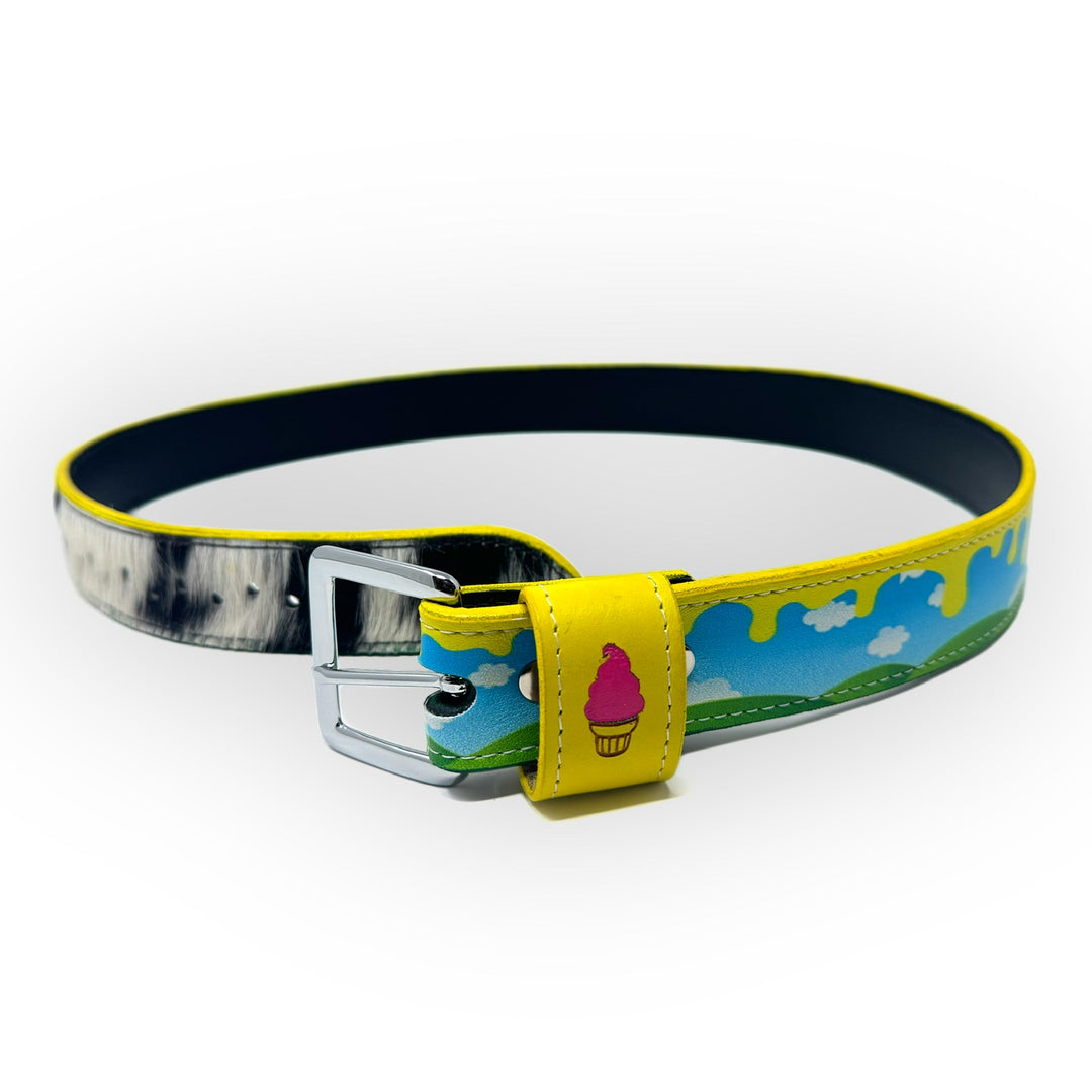 Chunky Dunky leather baseball belt with cow fur lining, blue sky and green field design, yellow drip details, silver buckle, and ice cream cone belt loop by Stadium Custom Kicks x Pioneer.