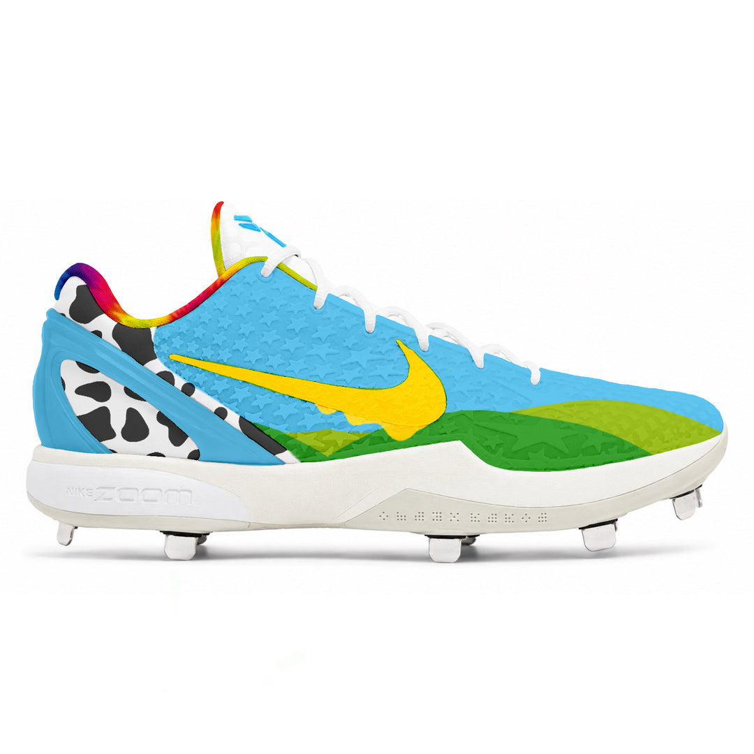 Blue green cow print and rainbow Nike Kobe 6 baseball cleats side view by Stadium Custom Kicks