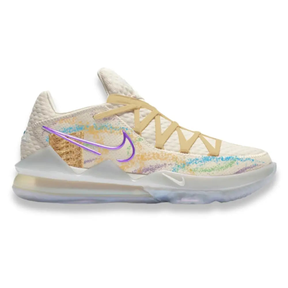 Beige and pastel-colored Nike LeBron 17 Low basketball sneakers for the Cinnamon Toast collection