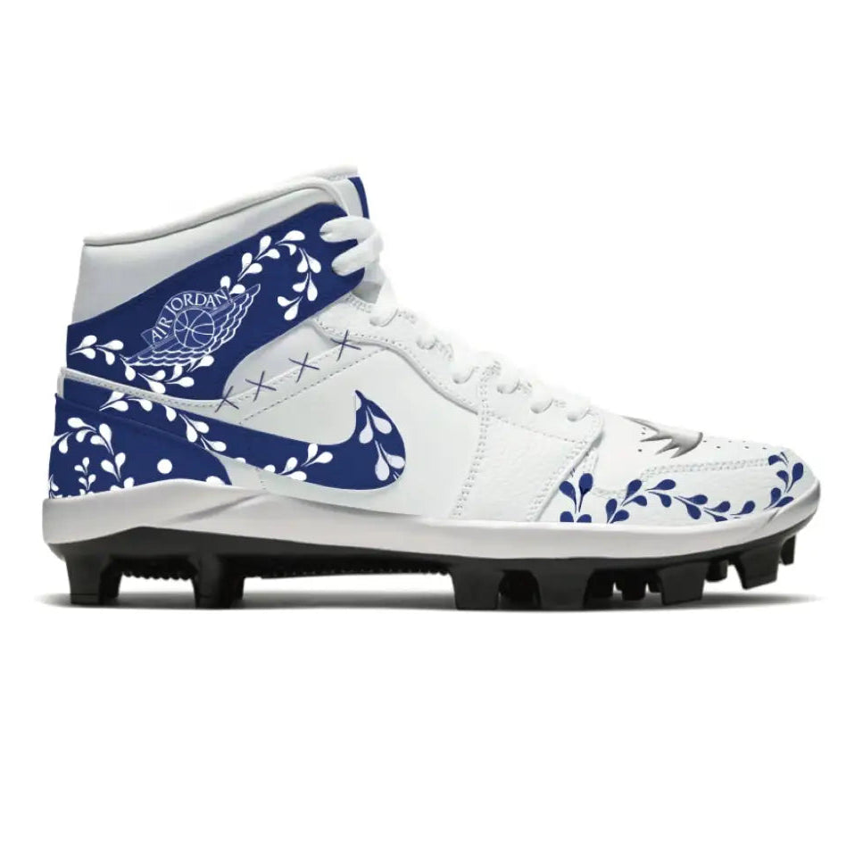 White and blue floral Air Jordan cleat from the Clase Azule Jordan 1 Retro Cleats collection