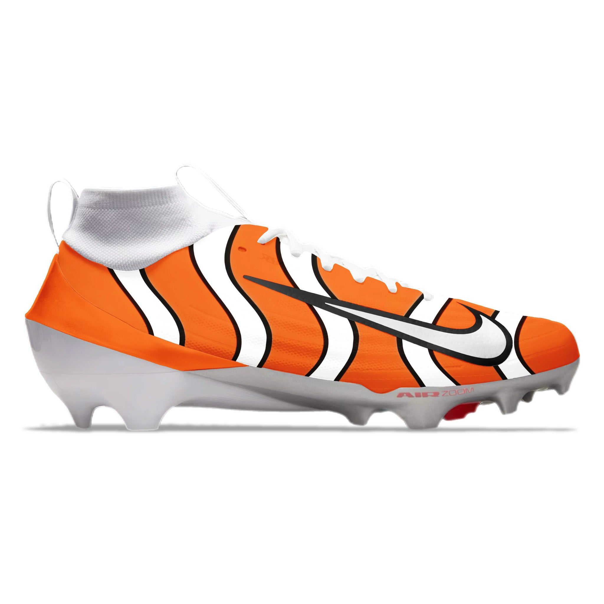 Orange and white football cleats with a finding nemo fish pattern on a white background