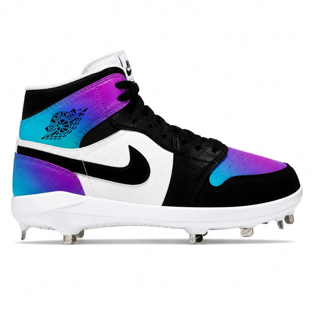 Multicolored baseball cleat with Nike logo on a white background
