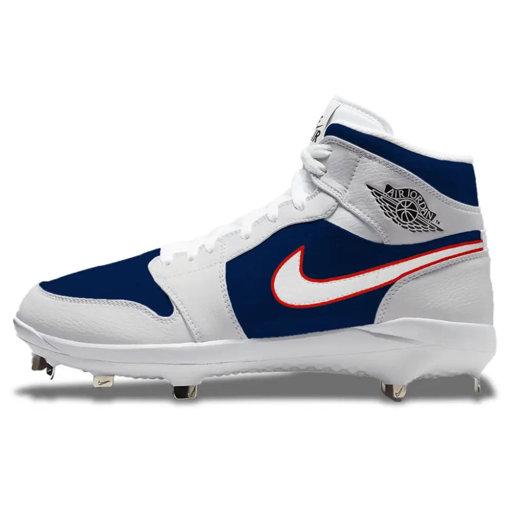 Side view of Jordan 1 Retro baseball cleats in the Houston Comets color way, featuring navy blue and white leather with red swoosh outline, metal spikes, hand painted and made to order by Stadium Custom Kicks.