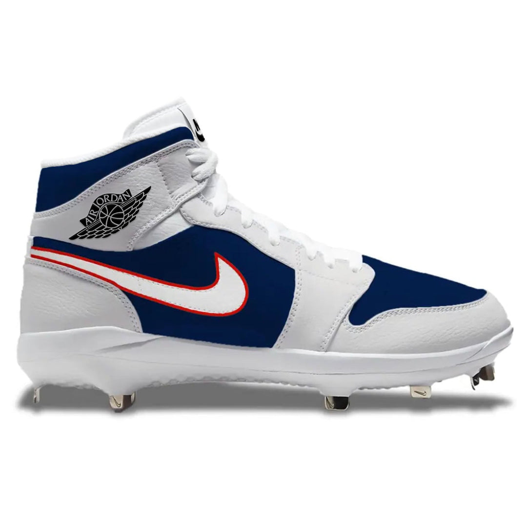 Side view of Jordan 1 Retro baseball cleats in the Houston Comets color way, featuring navy blue and white leather with red swoosh outline, metal spikes, hand painted and made to order by Stadium Custom Kicks.