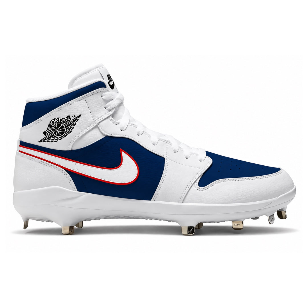 A high-top baseball cleat from Nike, featuring a white leather upper with navy blue overlays, a white Swoosh outlined in red, a black and white Wings logo on the heel, and metallic gold cleats on a white background.