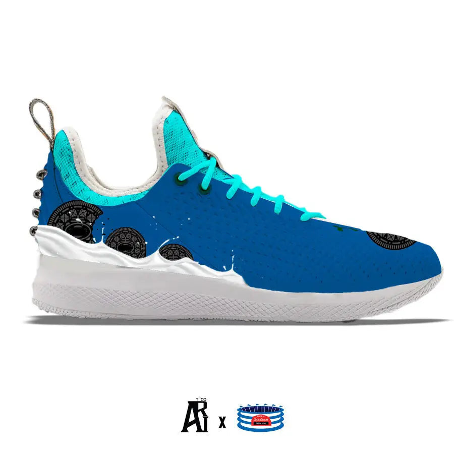 Blue Oreo-themed athletic shoe from Cookies N Creme Under Armour Harper 5 Turfs