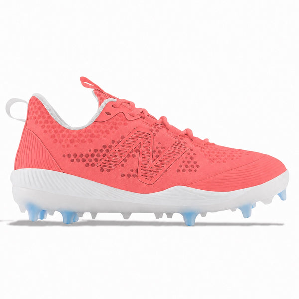 Coral New Balance FuelCell COMPv3 cleats featuring a coral tonal upper with embossed dot detailing, coral N logo, white lace collar, white midsole, and icy light blue molded cleats, side profile view by Stadium Custom Kicks
