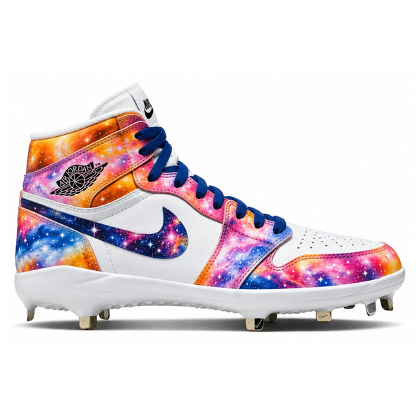 White Jordan 1 Retro baseball cleats with orange pink blue and purple galaxy graphics blue laces and metal spikes side view by Stadium Custom Kicks