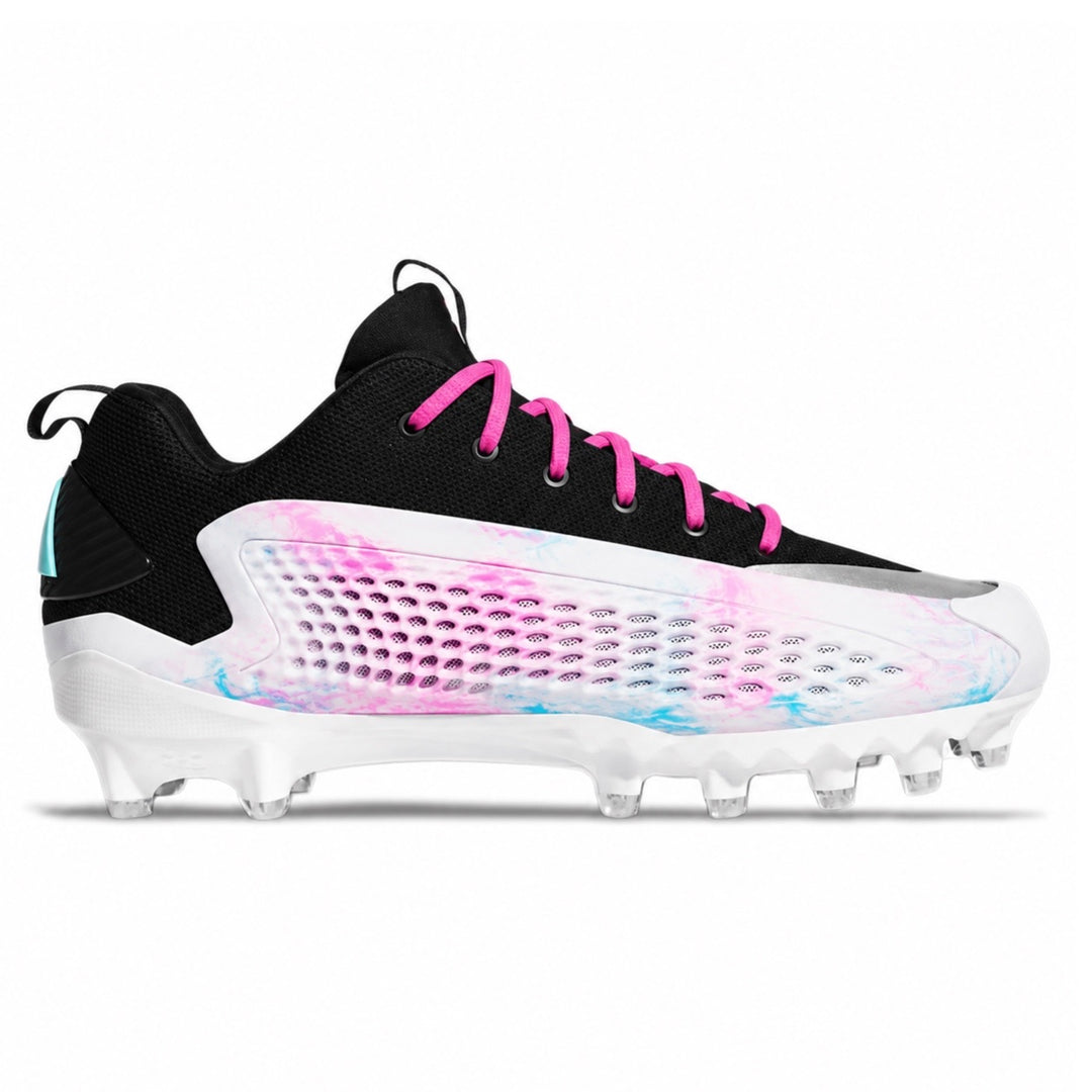 Custom colorway featuring a black upper with a pastel pink and baby blue marbled panel, hot pink laces, and clear outsole by Stadium Custom Kicks
