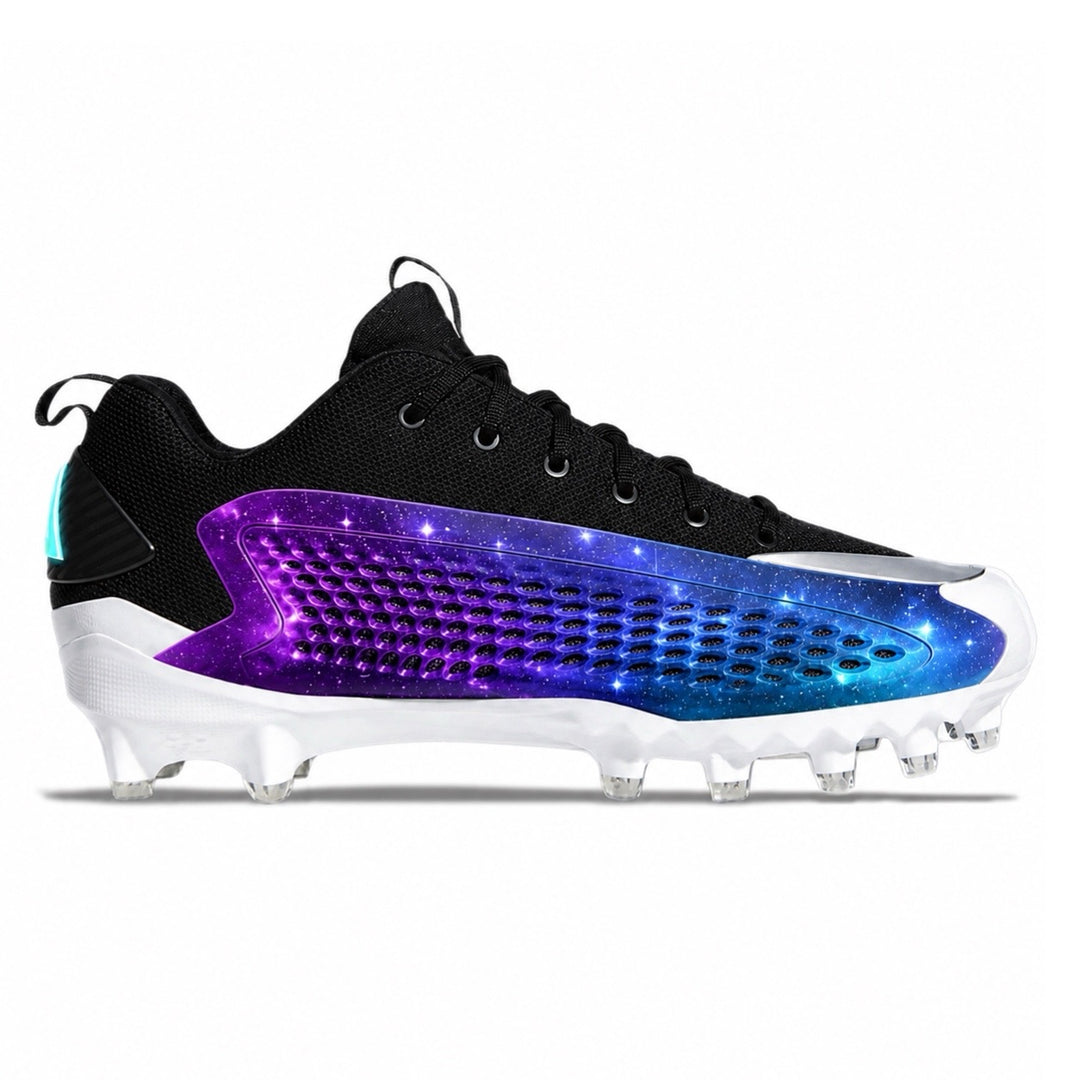 Custom colorway featuring a black upper with a deep purple and electric blue galaxy print on the lateral panel and clear outsole by Stadium Custom Kicks