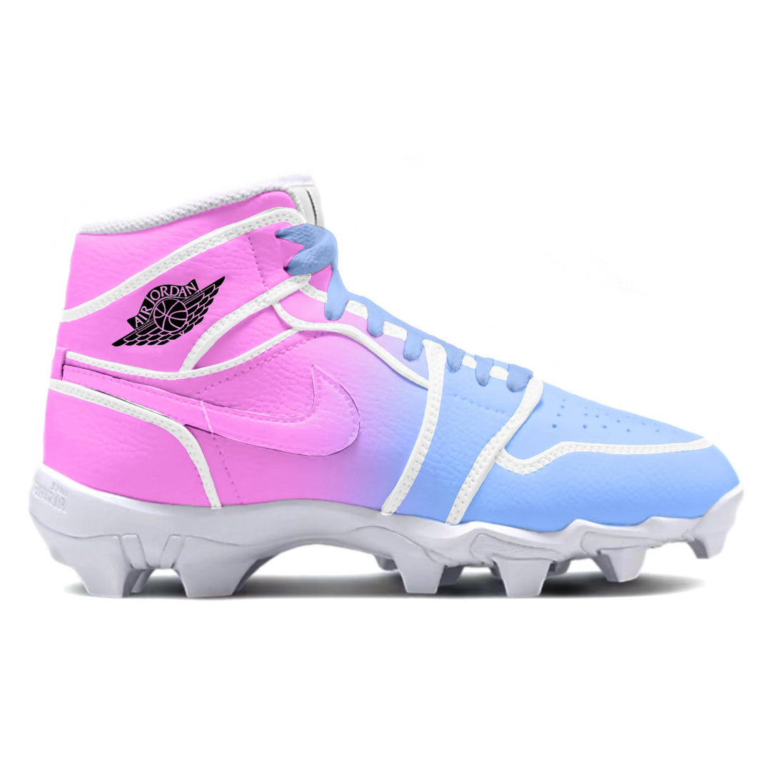 Pink and blue cleated shoe with a Nike logo on a white background