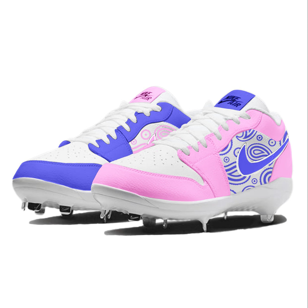 White, pink, and blue cleats on a white background