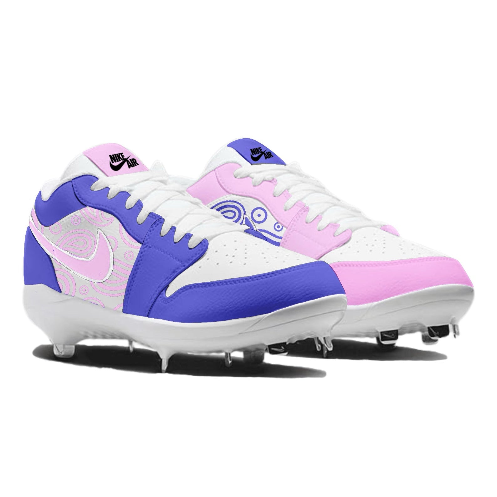 White, purple, and pink cleats on a white background