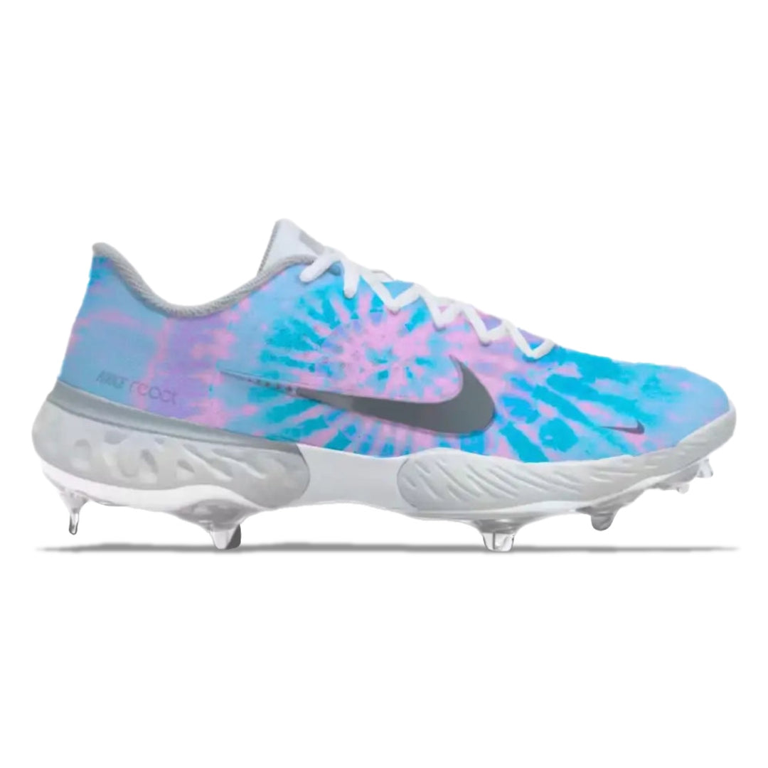 Tie-dye baseball cleat with Nike logo on a white background