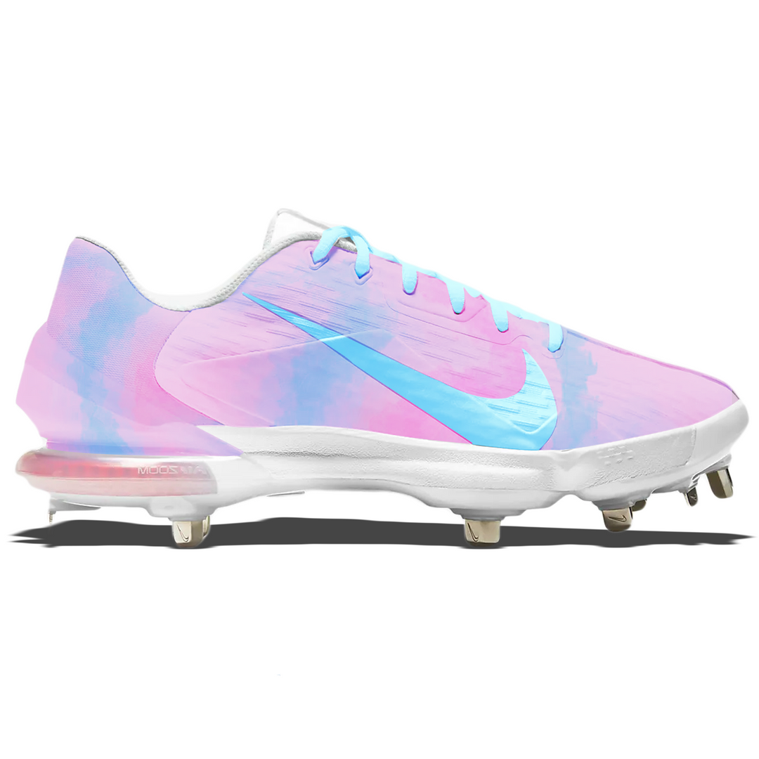 cotton candy pink and light blue baseball low top cleats.