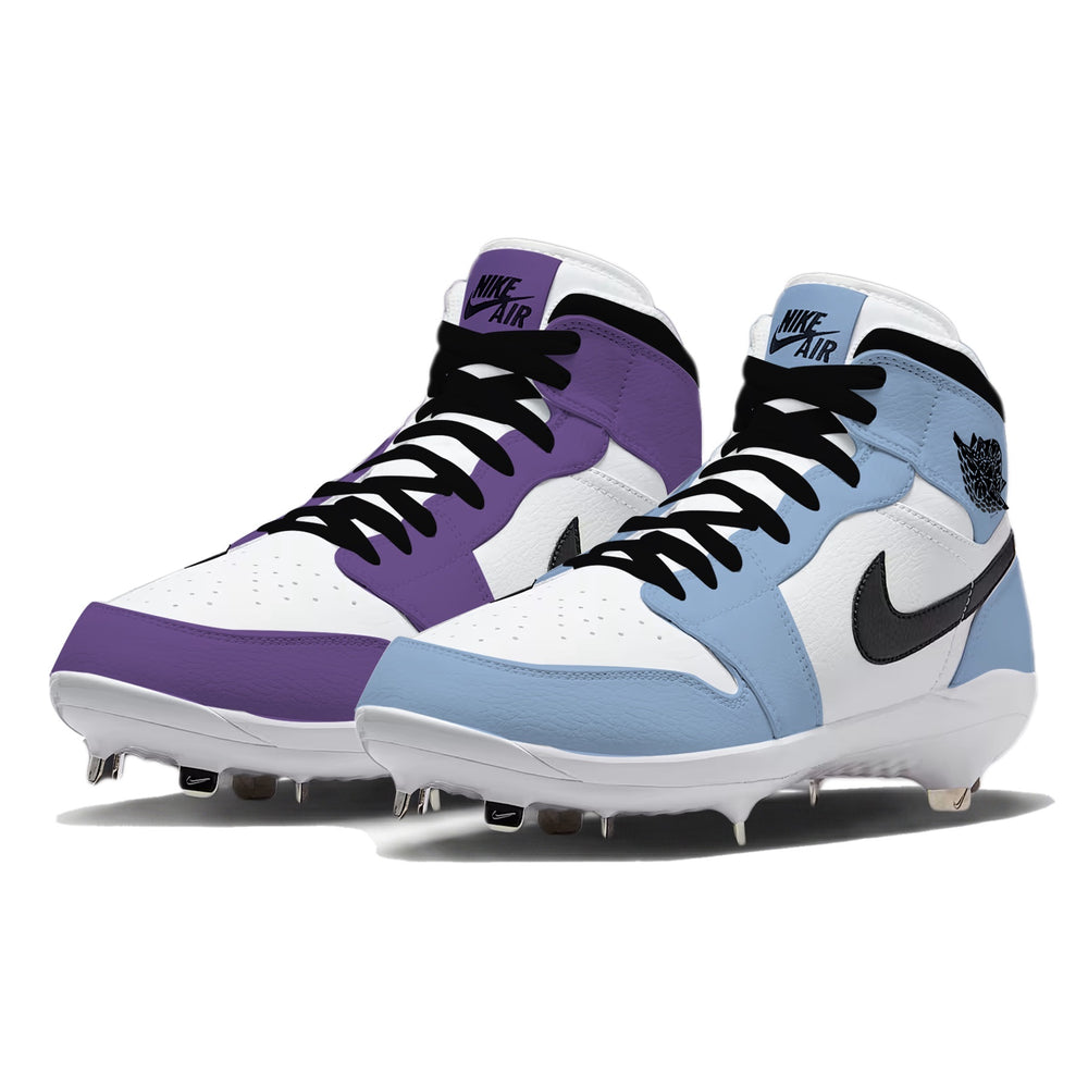 Court Blue Mismatch Jordan 1 Retro baseball cleats featuring one purple cleat and one blue cleat with white leather panels and black laces