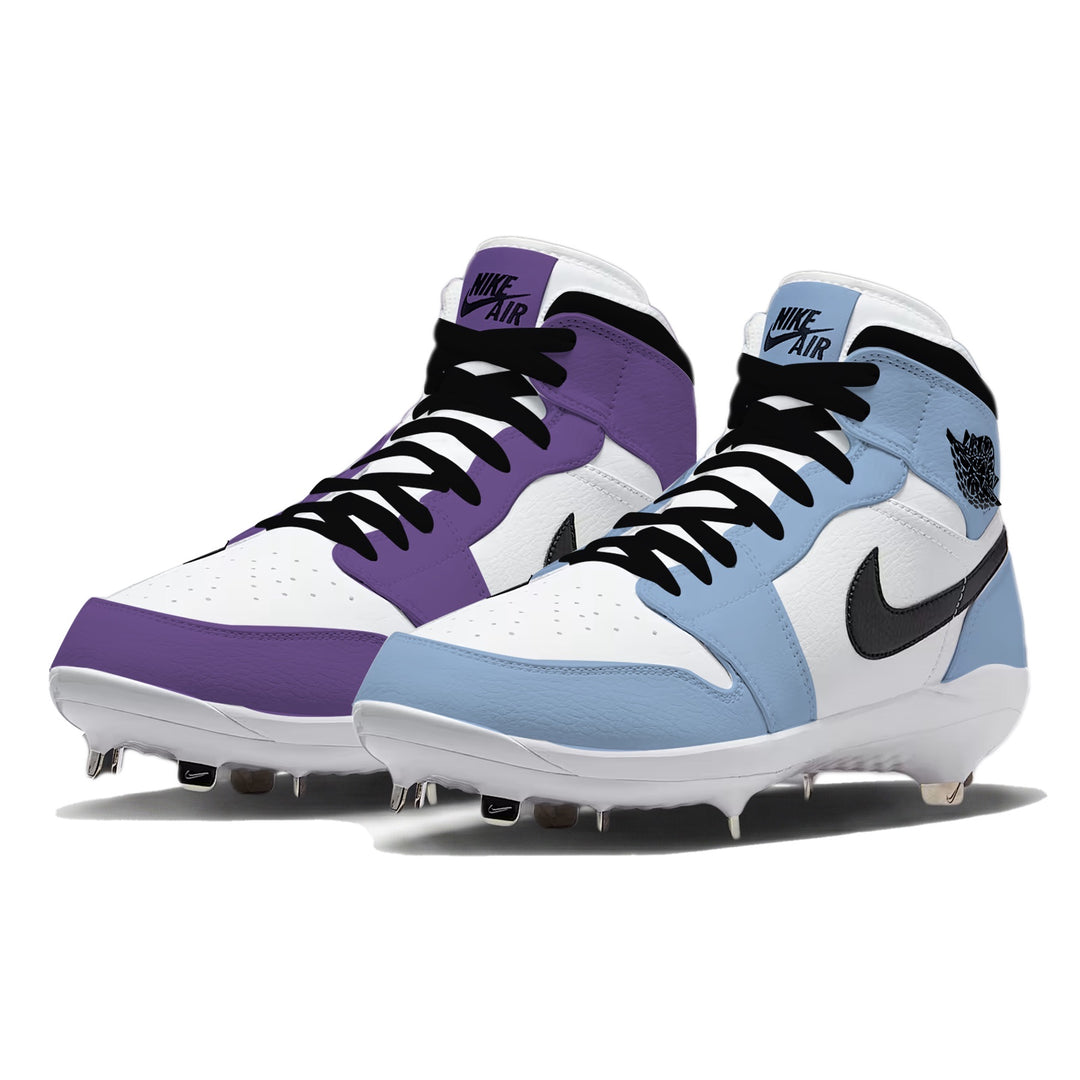 Court Blue Mismatch Jordan 1 Retro baseball cleats featuring one purple cleat and one blue cleat with white leather panels and black laces