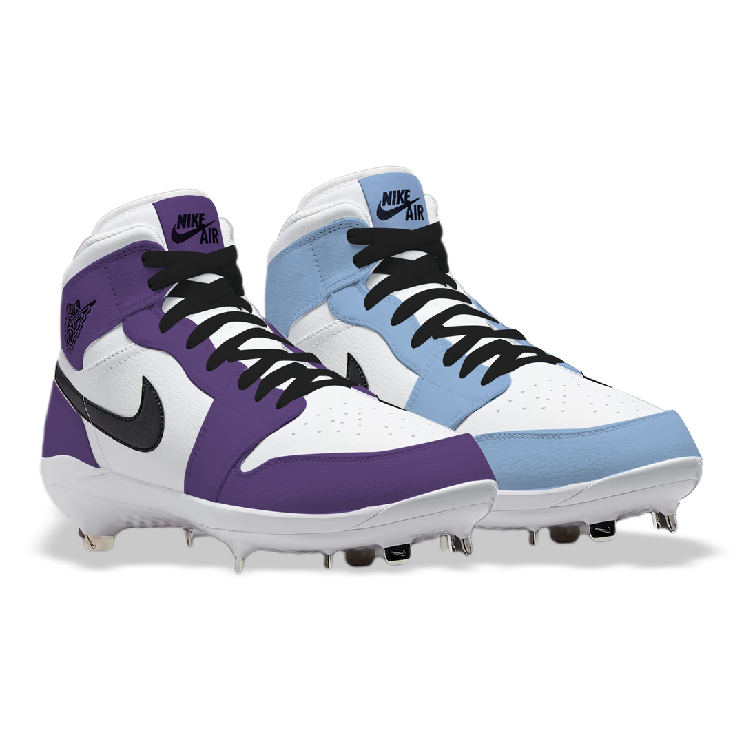 Pair of Nike Air high-top cleats in white, purple, and blue on a white background