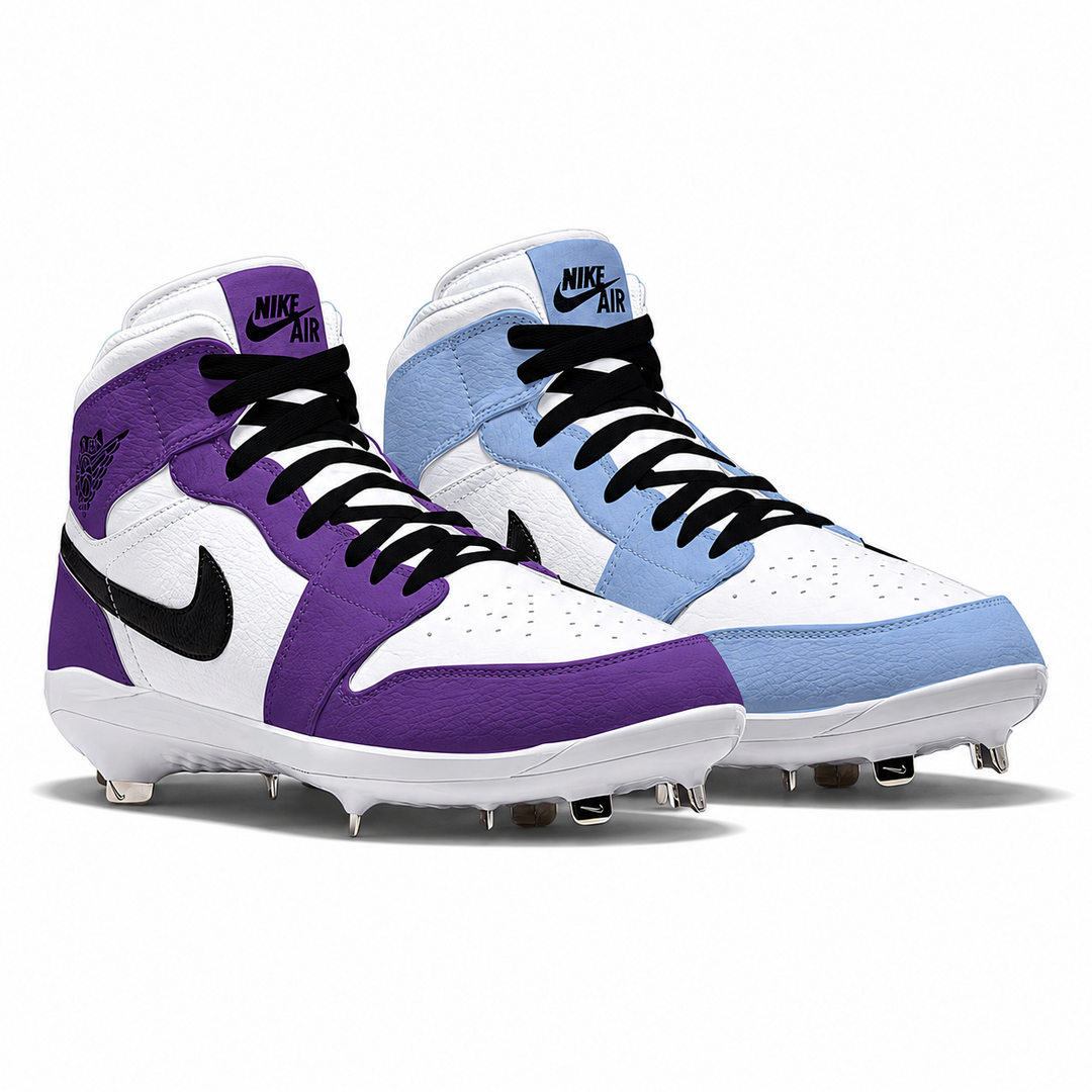 Pair of Nike Air high-top cleats in purple, white, and blue on a white background