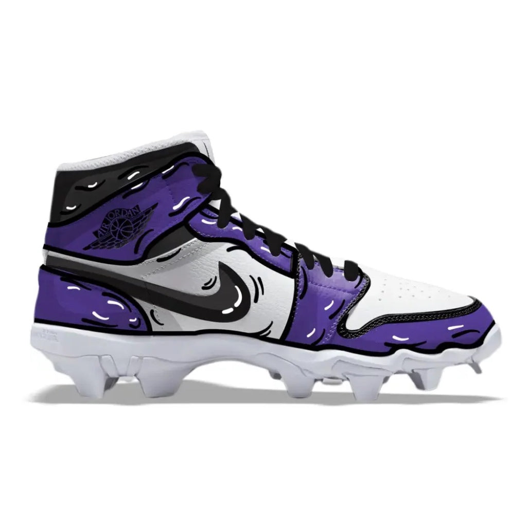 Purple and white cleat with black accents on a white background