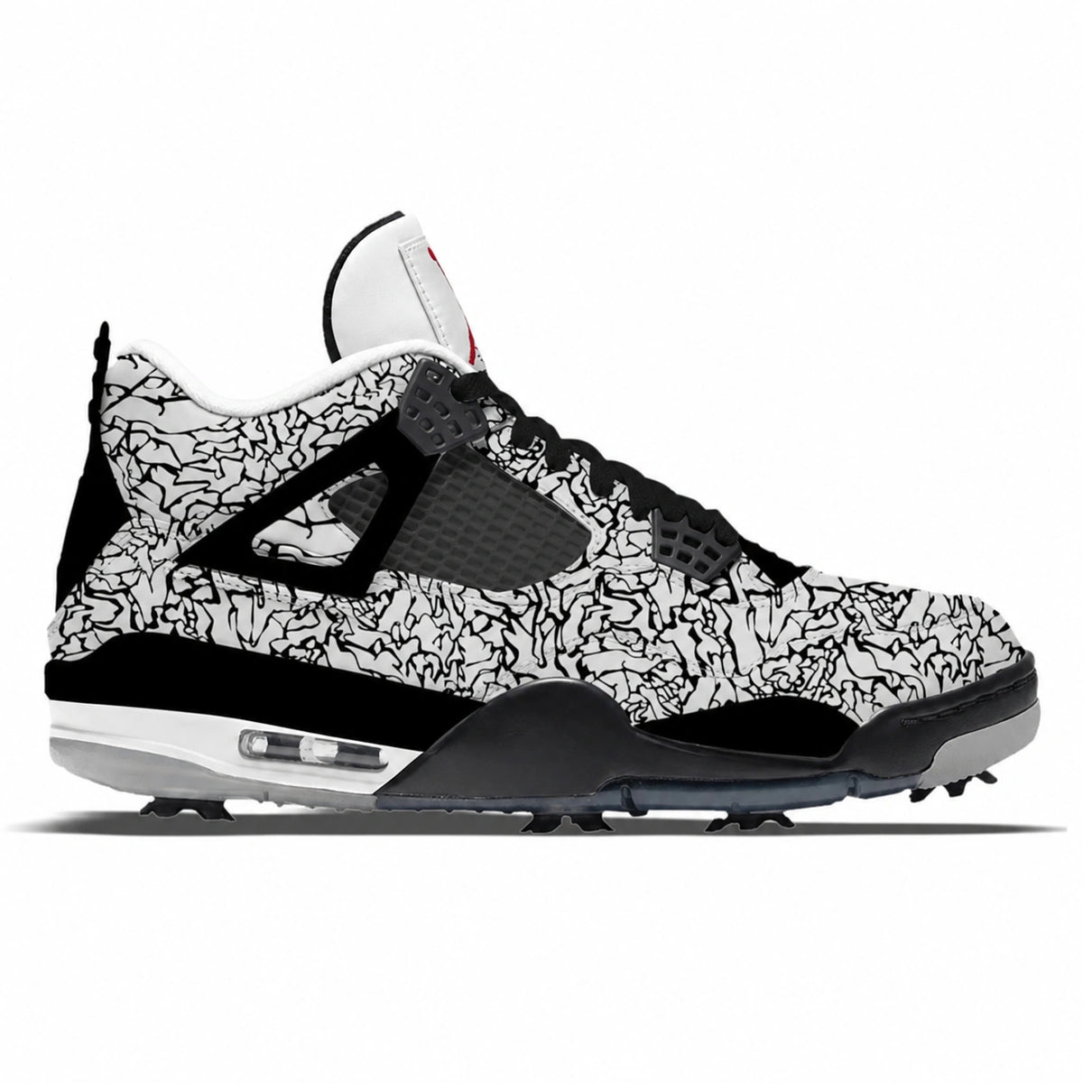 Custom Jordan 4 Retro Golf Shoes with all-over black-and-white elephant print, black laces, a white tongue, and black and gray accents.