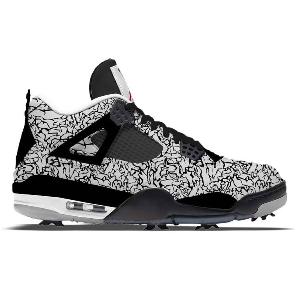 Black and white golf shoes with unique pattern on a white background