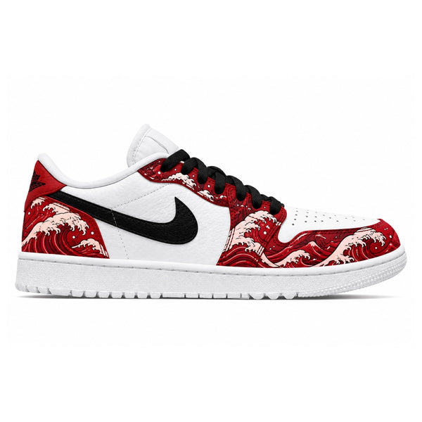 White Jordan 1 golf shoes with crimson red Japanese wave design black Swoosh and black laces side view by Stadium Custom Kicks
