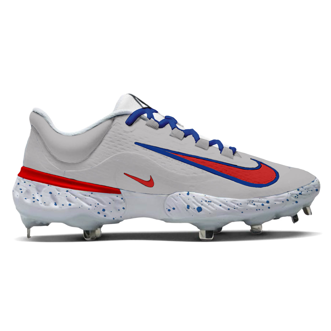 gray low top baseball cleats with royal blue and red accents.
