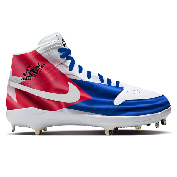 Cuba waving flag graphic on Jordan 1 Retro baseball cleats showcasing red, white, and blue colors with the white star emblem.