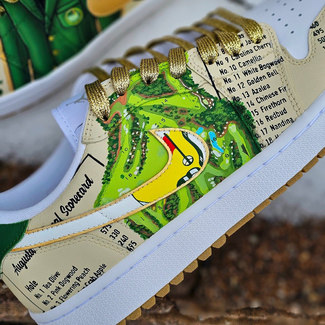 Close-up of a golf shoe with a detailed design and text on the side.
