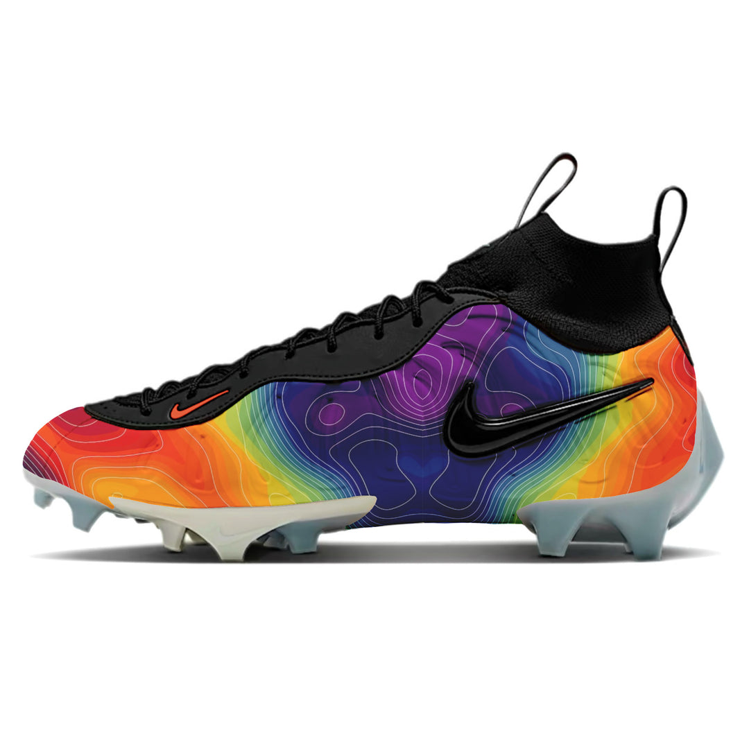 Side view of custom “Thermal Energy” Nike Vaporposite Pro football cleats, hand-painted with a rainbow heat-map gradient design and black detailing.