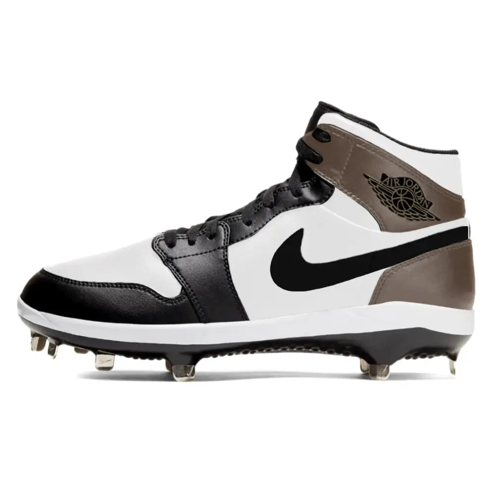 Dark Mocha Jordan 1 Retro Cleats shown front view for baseball gameplay performance