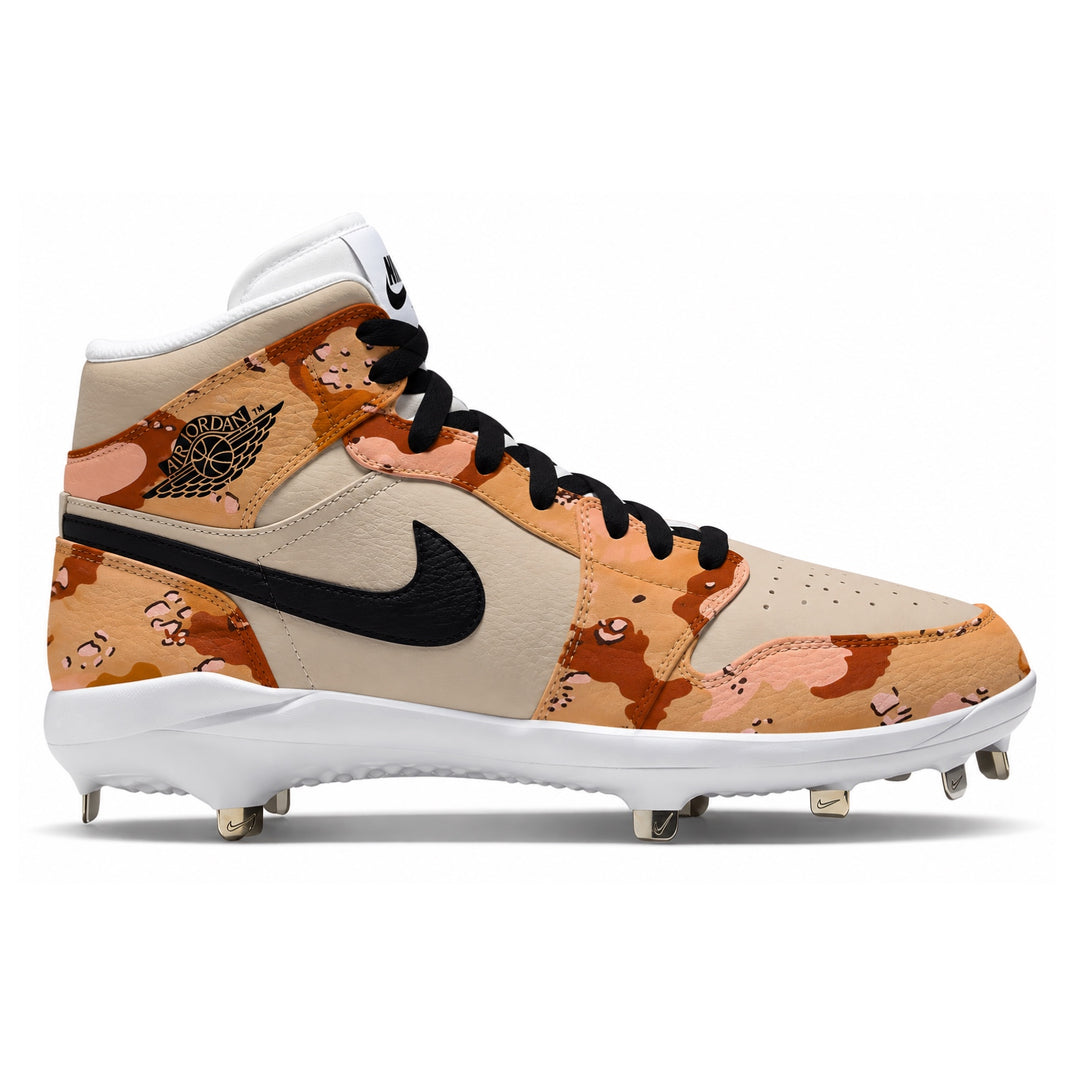 A Nike high-top baseball cleat featuring a desert camouflage pattern in shades of tan and brown, with a black Swoosh and white midsole and tongue.