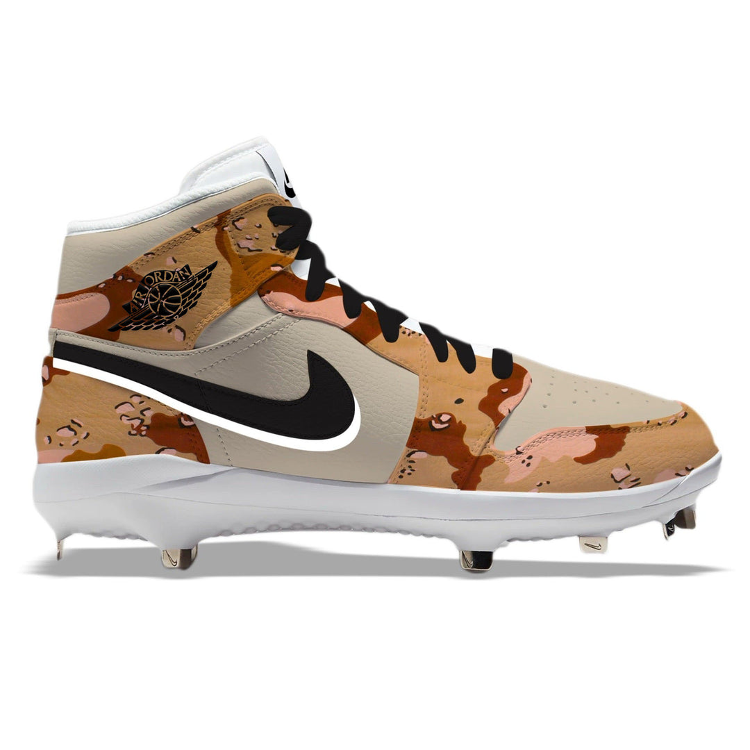 Tan and brown desert camouflage baseball cleats with black Swoosh and metal spikes