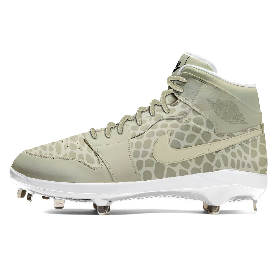 Jordan 1 Retro baseball cleats with a desert viper snake pattern design in cream and light sand with a stealth finish