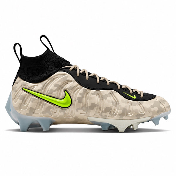 Beige Nike Vaporposite Pro cleats with desert camo design volt Swooshes black collar and icy translucent sole side view by Stadium Custom Kicks