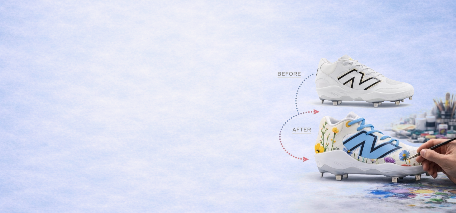 Before and after comparison of a white cleat with colorful design on a light blue background