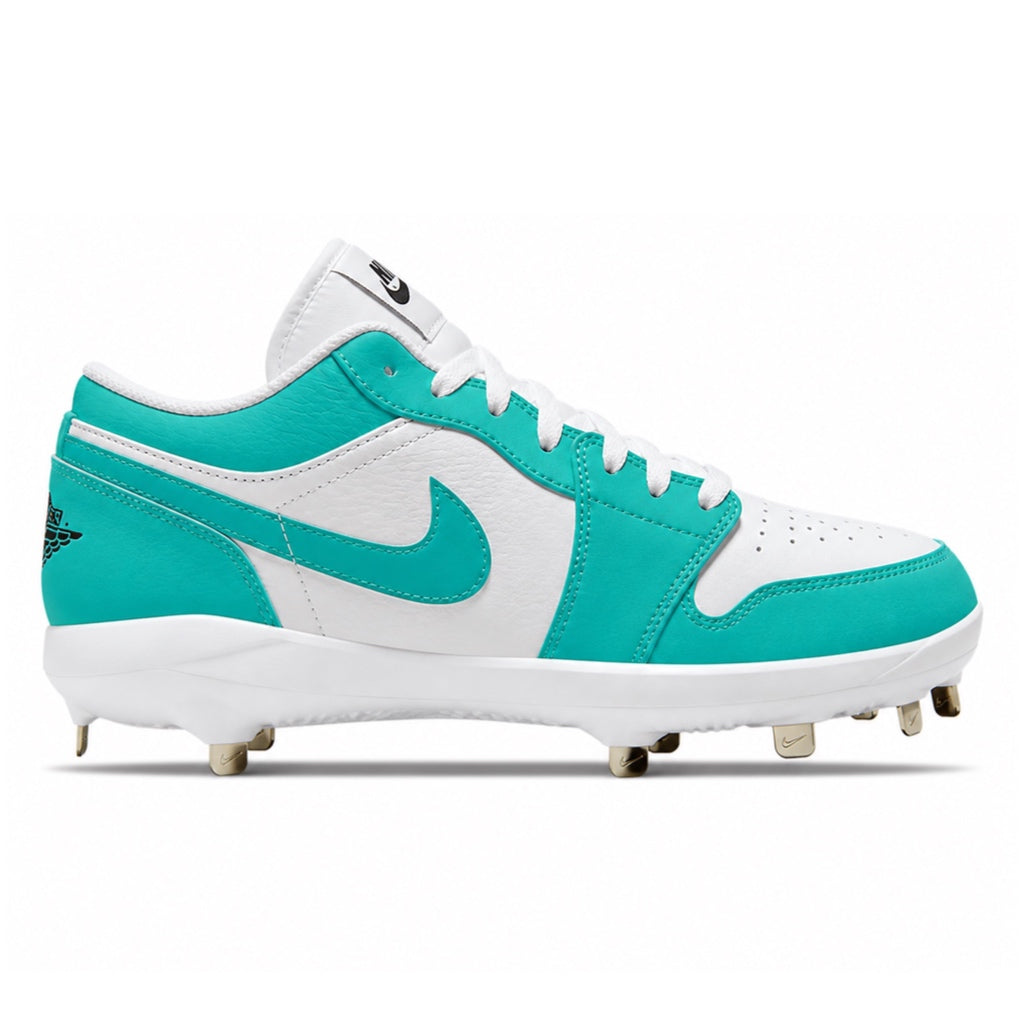 Teal and white cleated shoe on a white background
