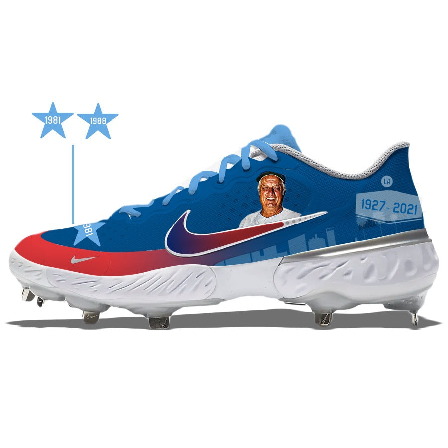 Digital Mockup of blue and red baseball cleat for athletic footwear showcase