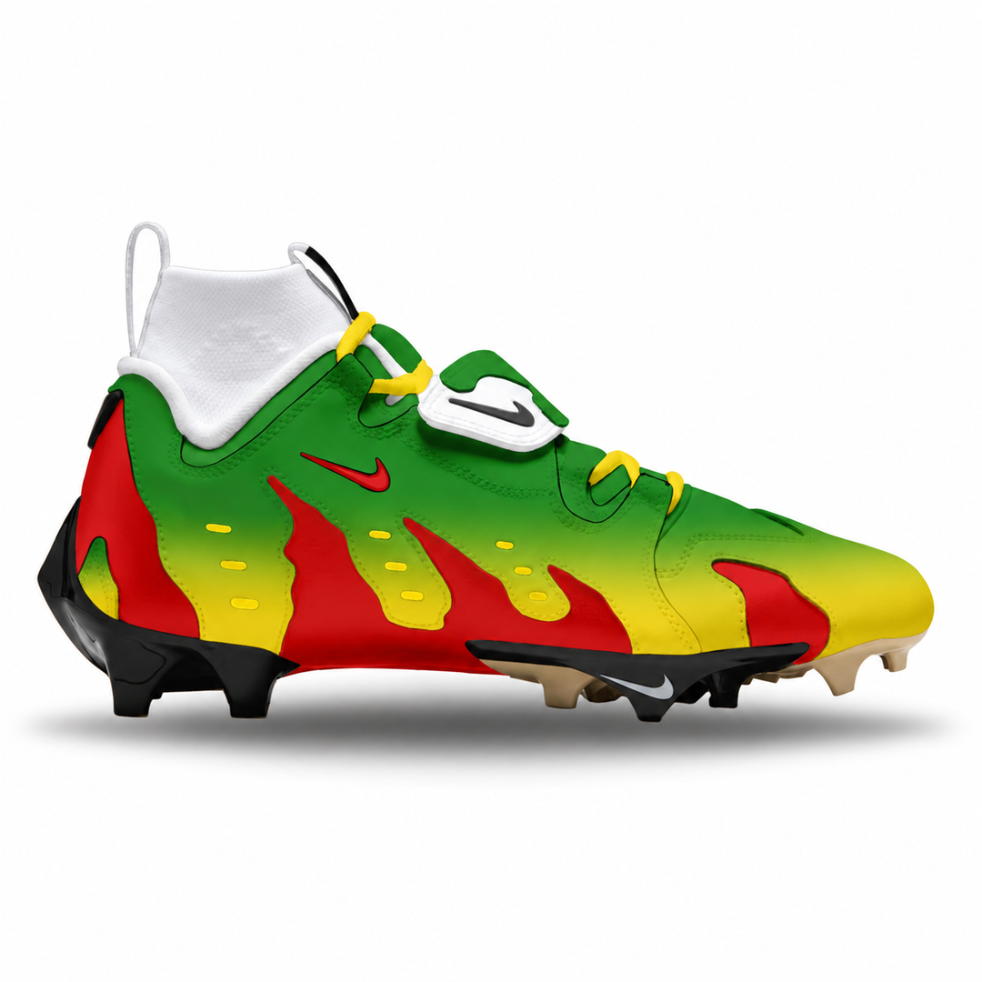 A Nike football cleat featuring a vibrant green, yellow, and red flame design, with a white sock and white Nike logo details, shown against a plain white background.