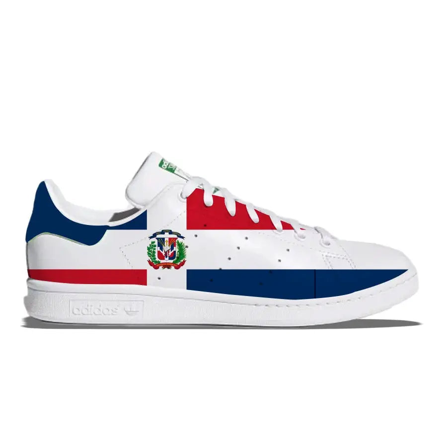 Dominican Republic flag-themed Adidas Stan Smith casual sneakers displayed front view