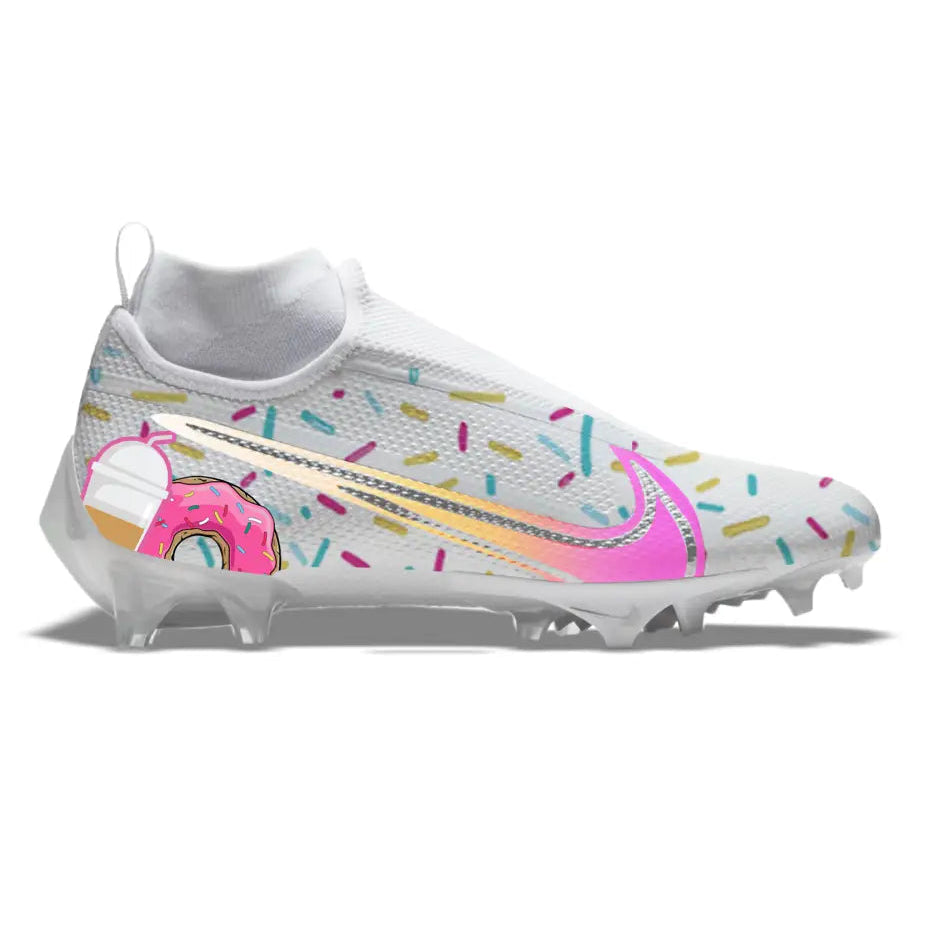 White Nike football cleat with donut and sprinkles design from Donuts & Coffee Vapor Pro 360 collection