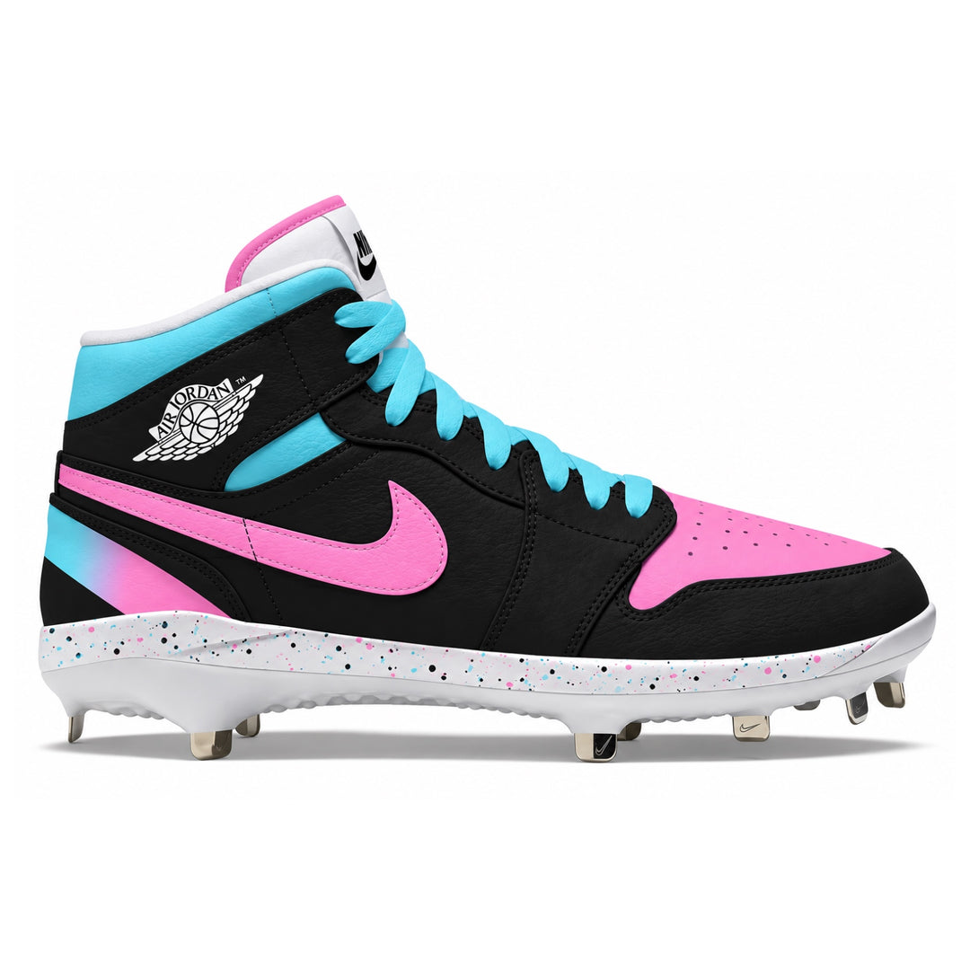 A high-top baseball cleat from Air Jordan featuring a black upper, bright pink and cyan overlays, a white speckled midsole, and metal cleats, shown from a side profile on a white background.