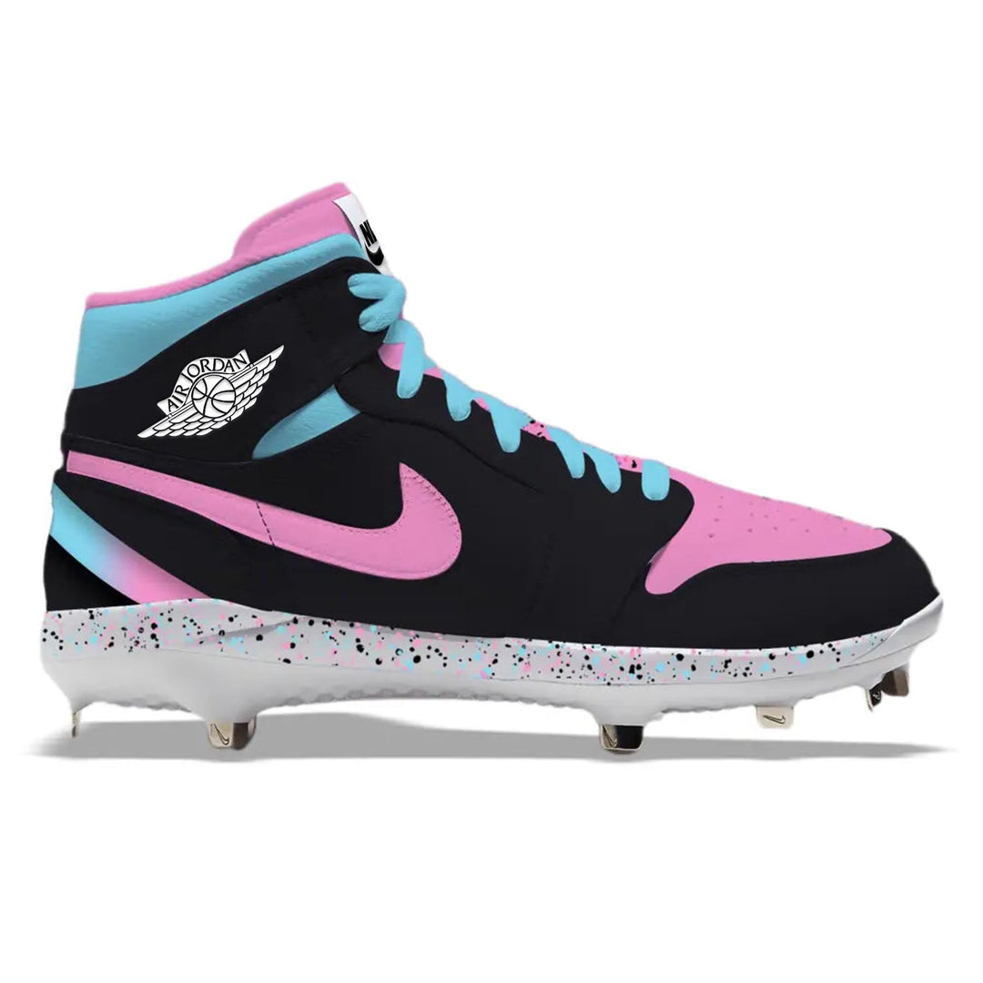 Pink and blue Air Jordan baseball cleat on display in Double Trouble Jordan 1 Retro Cleats